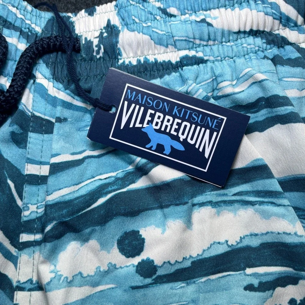 Maison Kitsune Vilebrequin Swim Trunks Mens L Blue NWT Moorise Wave Print Shorts